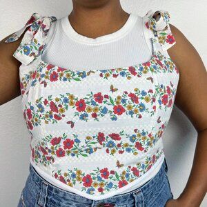 Hand Crafted White Floral Corset Top with Shoulder Tie Straps Cottagecore Summer